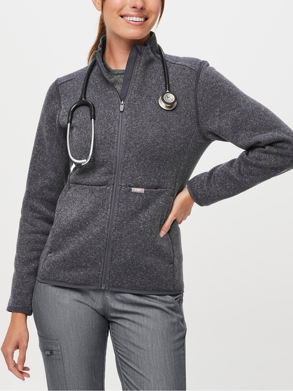 NEW FIGS On-Shift Sweater Knit Zip  Jacket Slim Fit SMALL heather dark charcoal